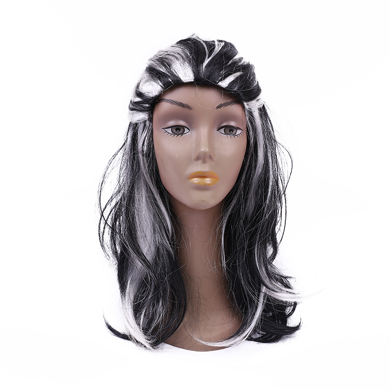 Yiwu qianfang toy shop halloween blanco y negro sin franja largo peluca recta conjunto de cabello conjunto de cabeza Specification image
