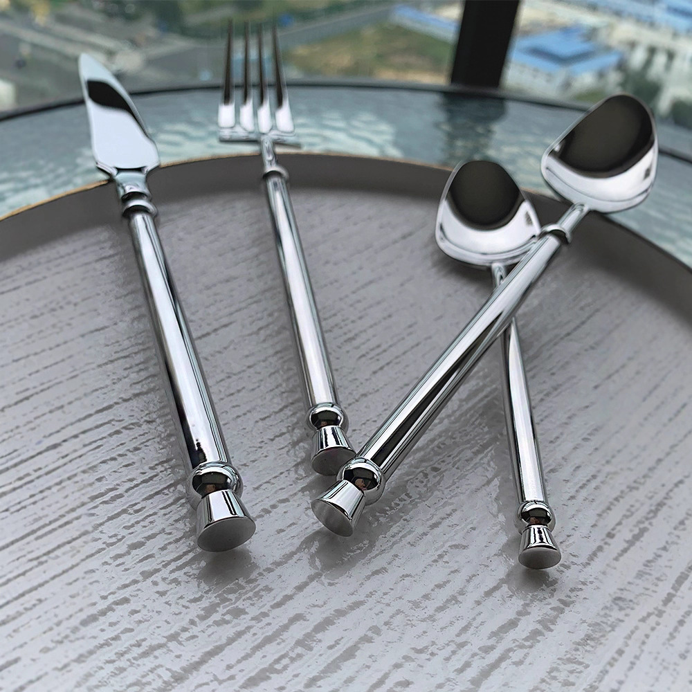 304 silver premium stainless steel knife, fork and spoon cylindrical handle high-end restaurant spoon and fork set Specification image