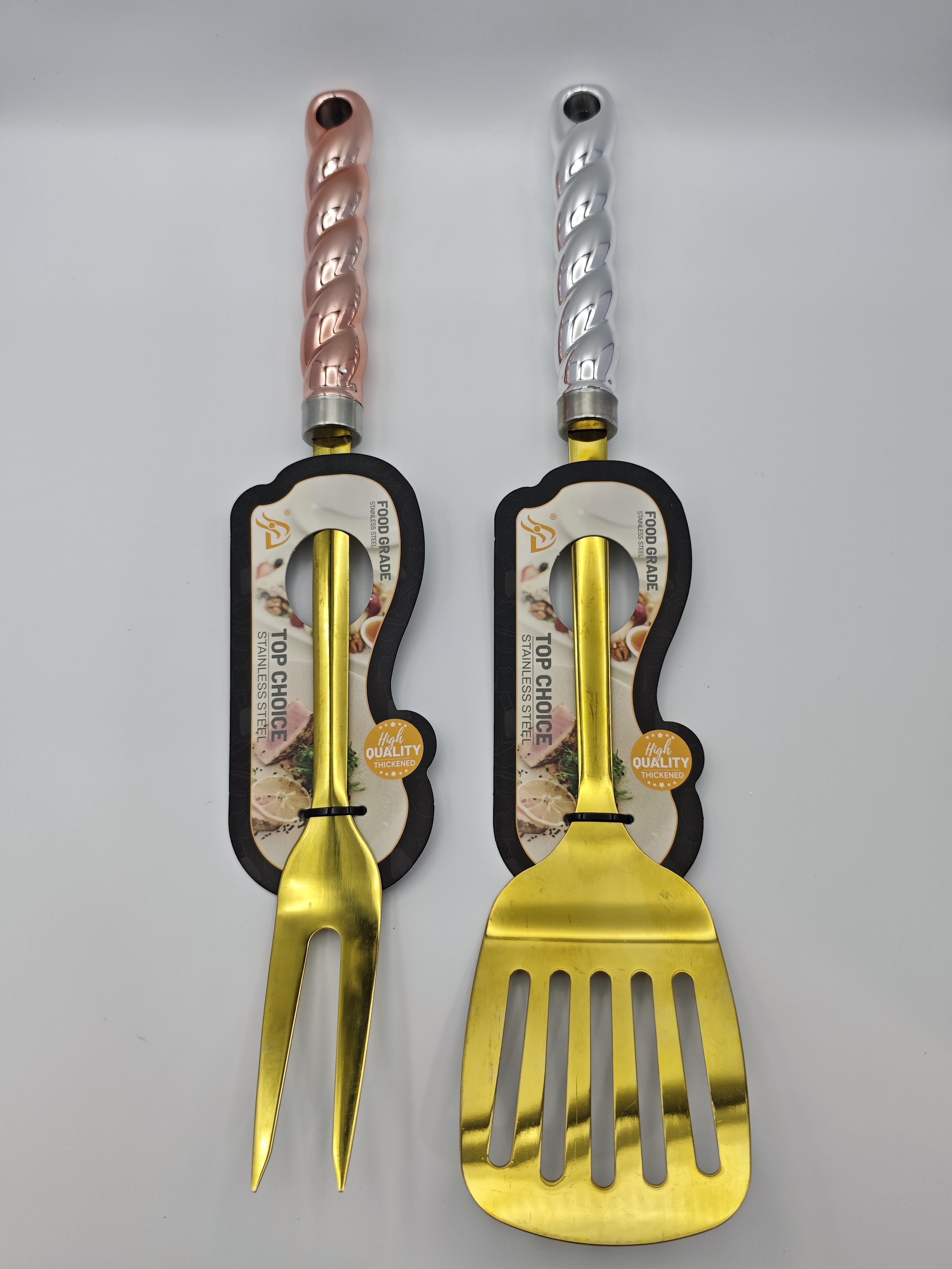 Golden kitchenware set, including spatula, strainer, soup spoon, fork, spiral handle, high-quality stainless steel household and restaurant kitchenware Application Scenario