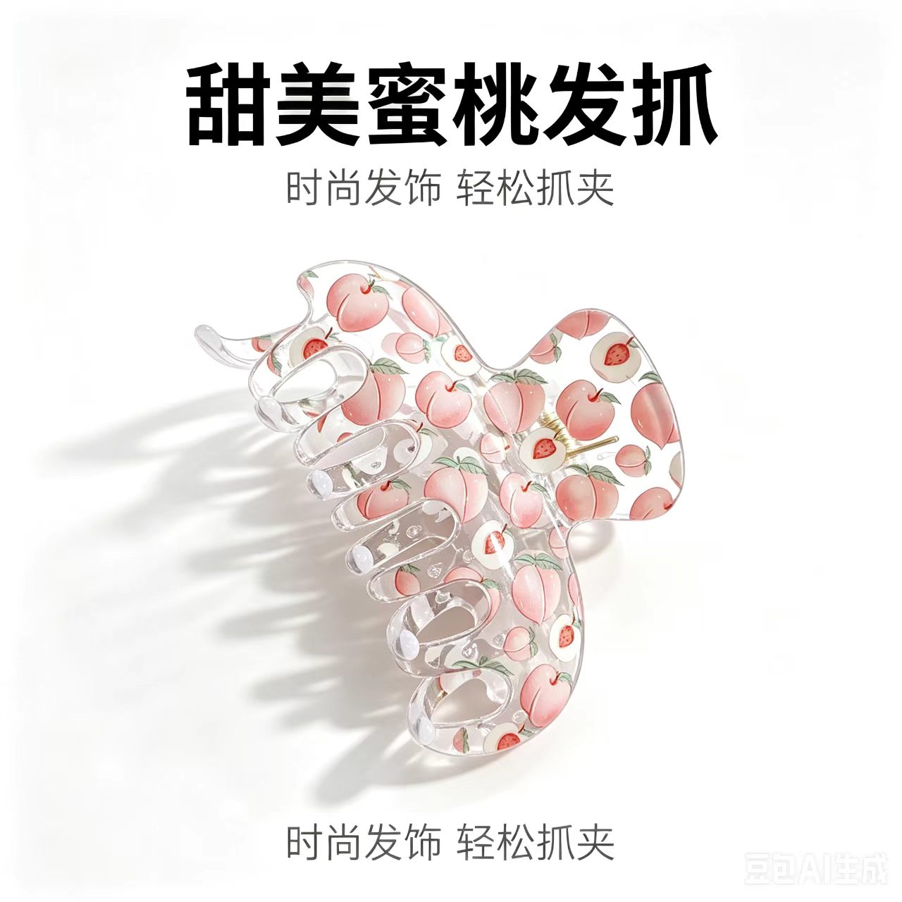 满印粉白爱心透明抓夹 醋酸大号鲨鱼夹 少女甜美百搭盘发发夹