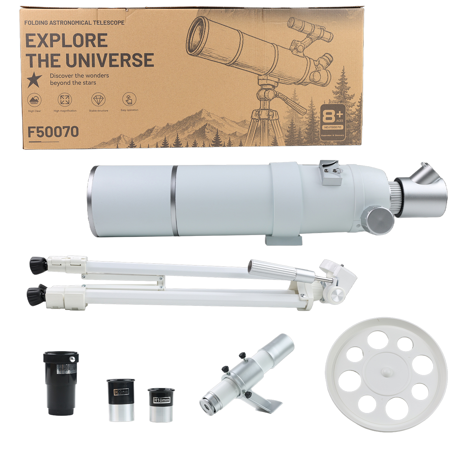 The new 50070M-D refracting astronomical telescope with anti-reflection film and 3x magnifying mirror, a dual-purpose astronomical mirror for students to observe stars and scenery, is now available in bulk Item Picture