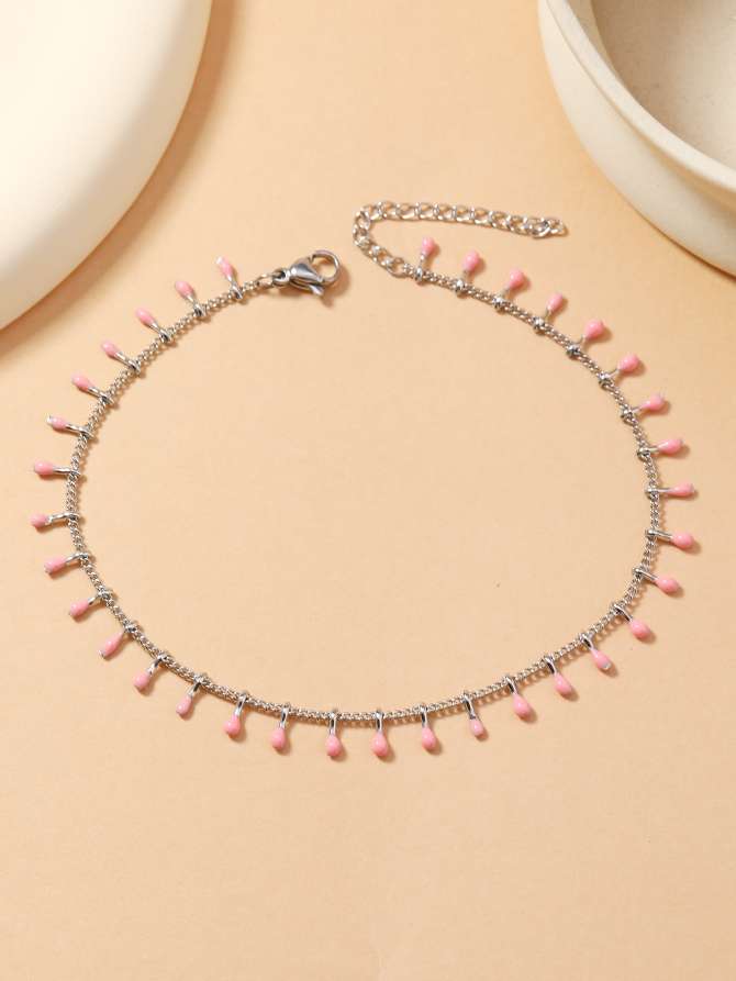 Stainless steel silver chain anklets with pink oil and water drop decorative fashionable accessories are popular in Europe and America detail image 1