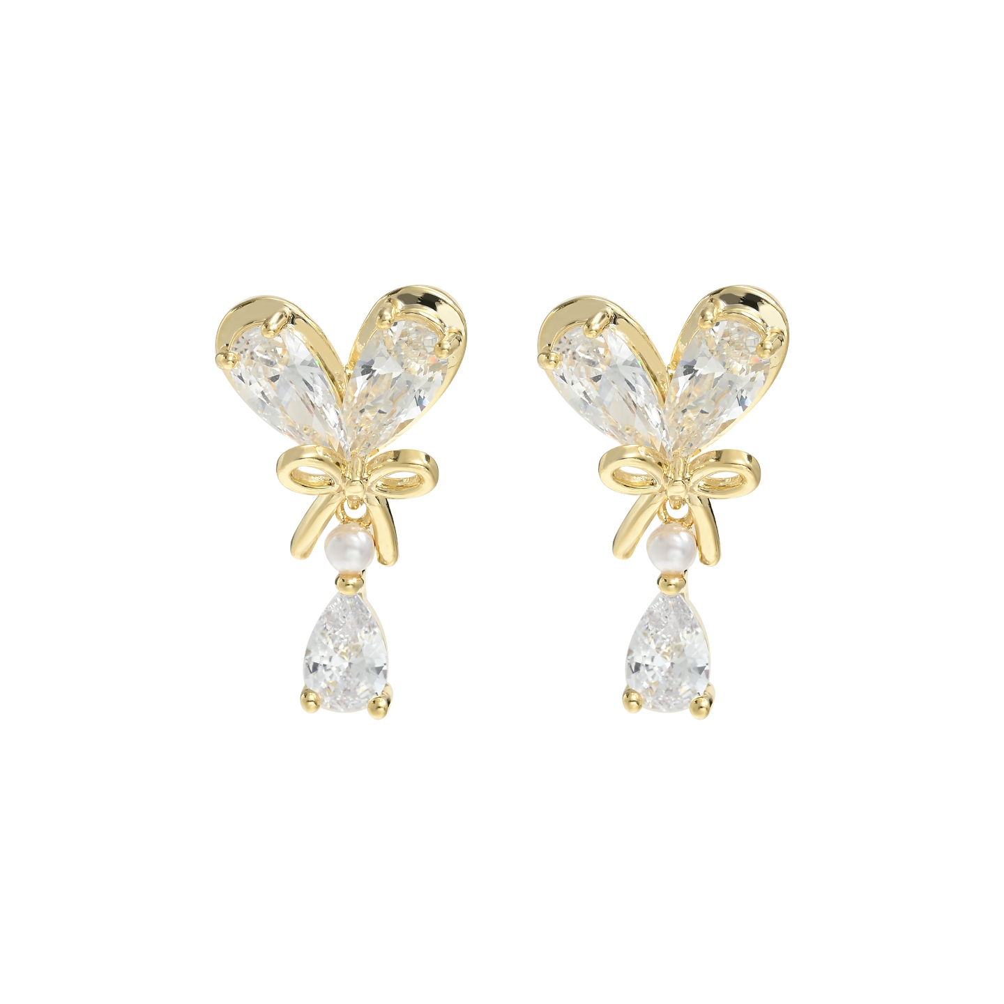 白色蝴蝶结水晶耳环 金银双色配珍珠水滴吊坠 附Fashion Jewelry卡片详情8