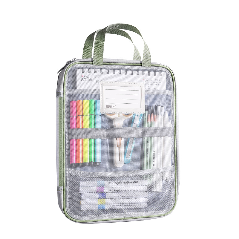 Baiyi Art Students' drawing supplies Bag, Primary school students' marker pens, colored pencils, drawing materials storage bag, hand-held zippered mesh bag Item Picture