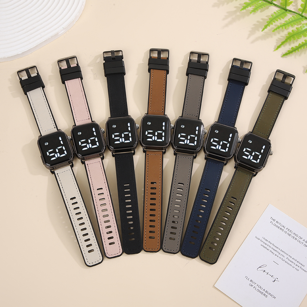 FUYADA leather strap LED electronic watch for both men and women, square dial, clear digital display, simple and elegant. High-quality leather strap, alloy case, high-quality, simple, versatile and fashionable electronic watch