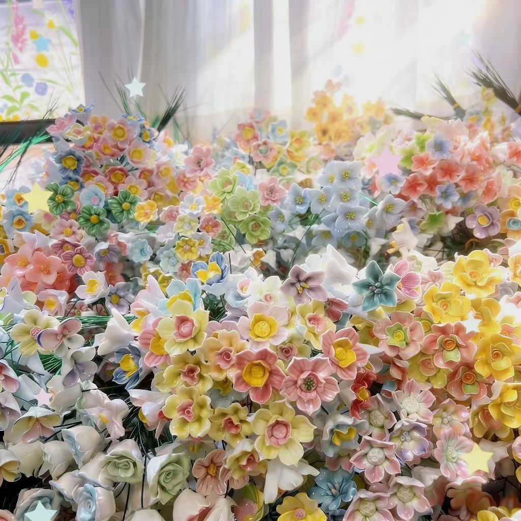 景德镇浮雕陶瓷杯陶瓷花瓶工艺品礼品陶瓷花单花永不凋谢的花陶瓷单花陶瓷摆件花艺术花陶瓷花束双花工艺品景德镇陶瓷花细节图