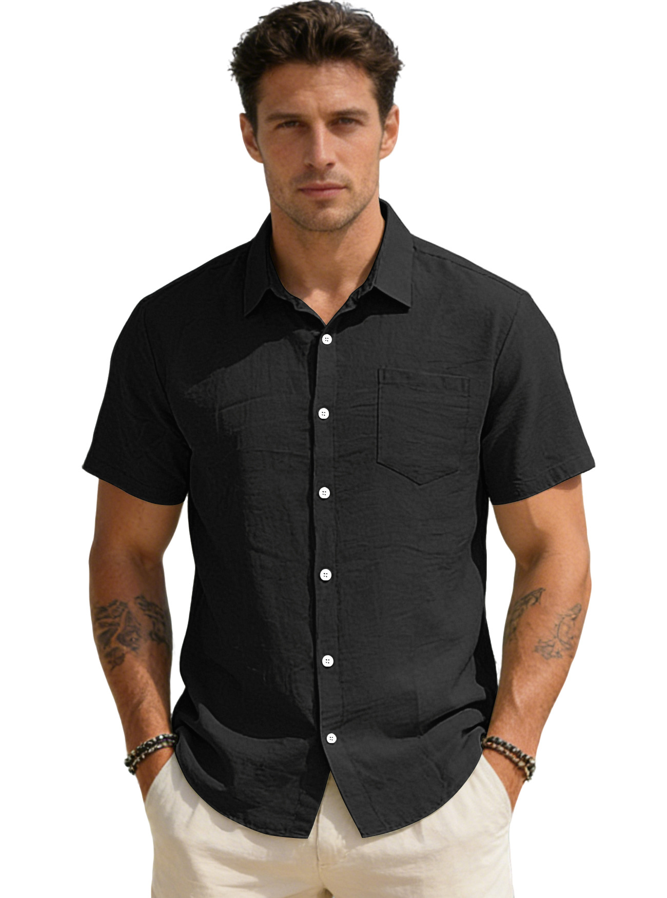 New cross-border men's clothing for foreign trade, loose solid color sleeve lapel short-sleeved pocket top, men's light mature casual shirt, men's short-sleeved casual shirt, men's short-sleeved Korean style clothing Item Picture
