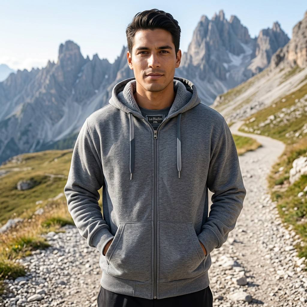Wholesale men's zippered, fleece hooded sweatshirts with sportswear, warmth and casual style in Europe and America for the 2026 autumn and winter season Application Scenario