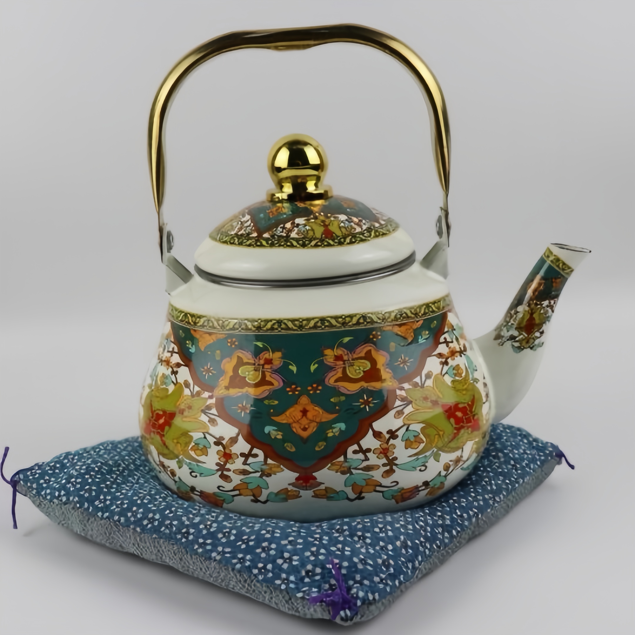 青花凉茶壶球形壶彩色花纹金色提手带滤网盖子烧水壶