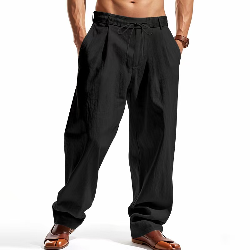 Cross-border independent station American four-season men's loose linen casual, simple and trendy wide-leg beach sports pants for men Item Picture