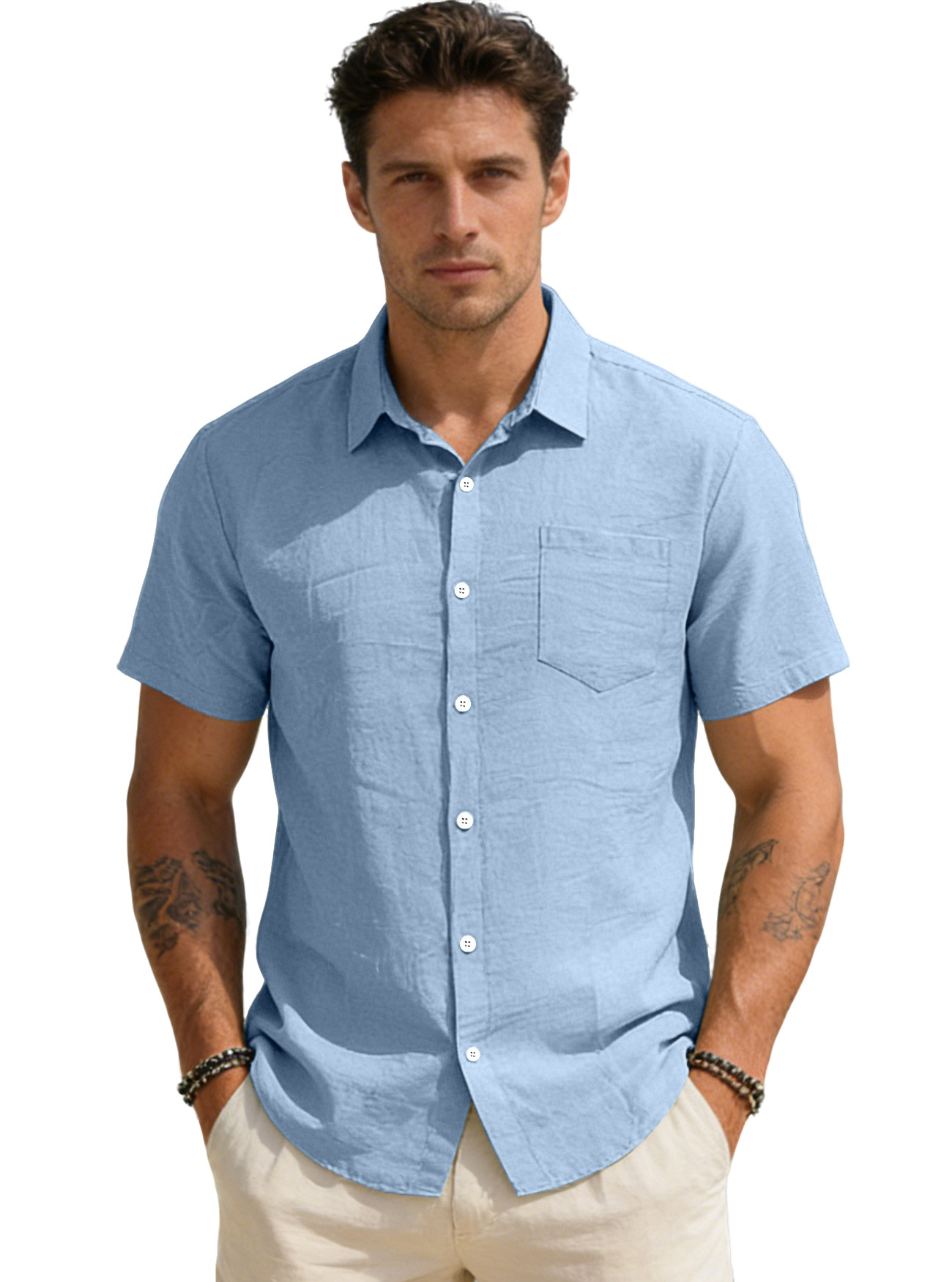 New cross-border men's clothing for foreign trade, loose solid color sleeve lapel short-sleeved pocket top, men's light mature casual shirt, men's short-sleeved casual shirt, men's short-sleeved Korean style clothing Application Scenario