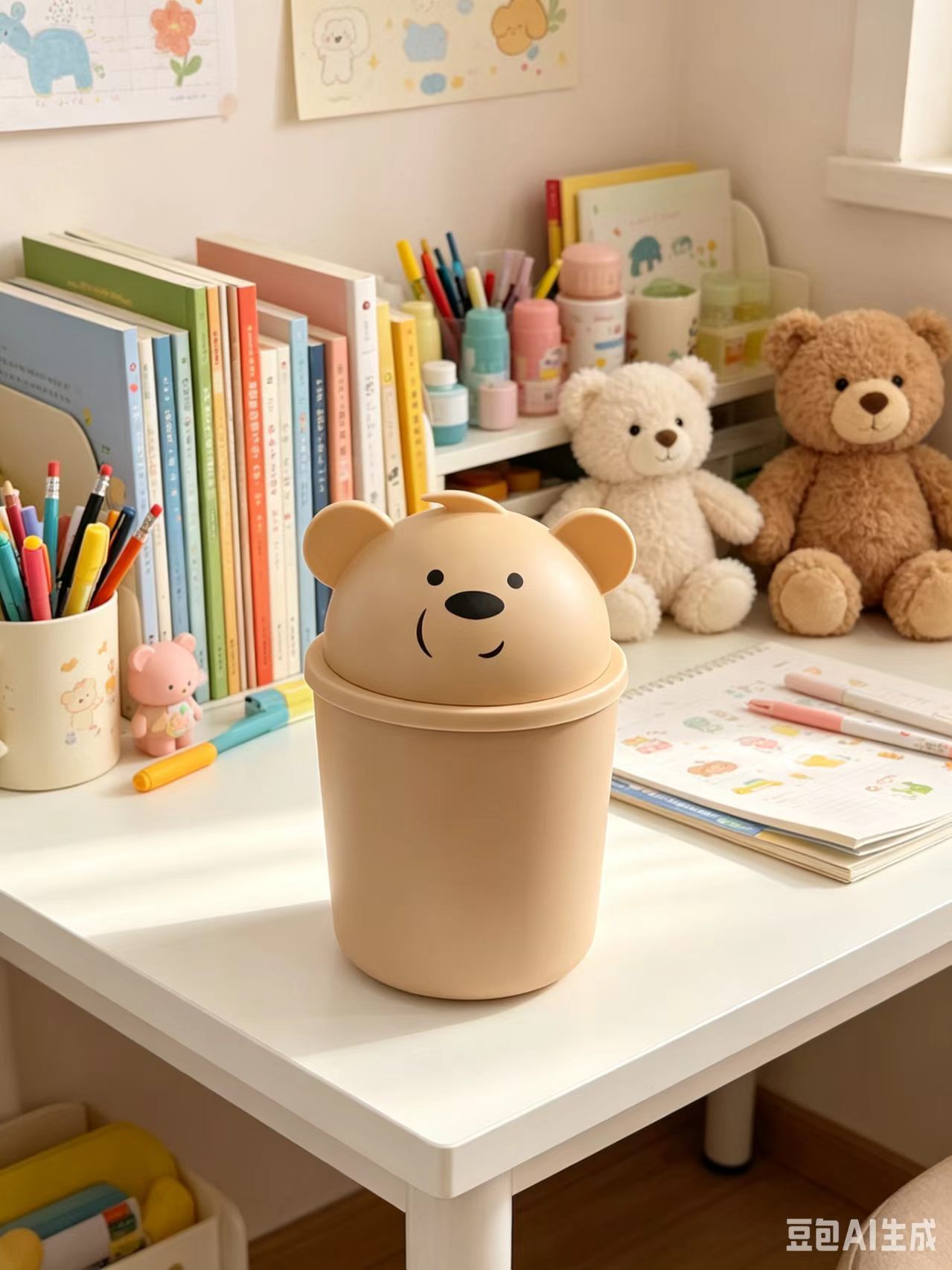Beige bear-shaped desktop trash can, transparent and customizable, large-capacity household Specification image