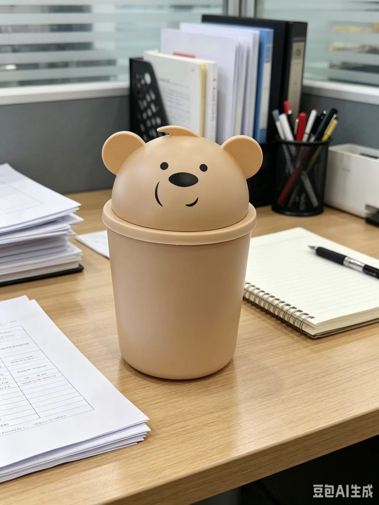 Beige bear-shaped desktop trash can, transparent and customizable, large-capacity household Application Scenario