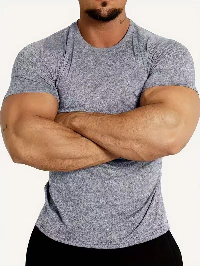 Cross-border men's fitness quick-drying short-sleeved T-shirt, round-neck slimming elastic sports casual solid color breathable training top Item Picture