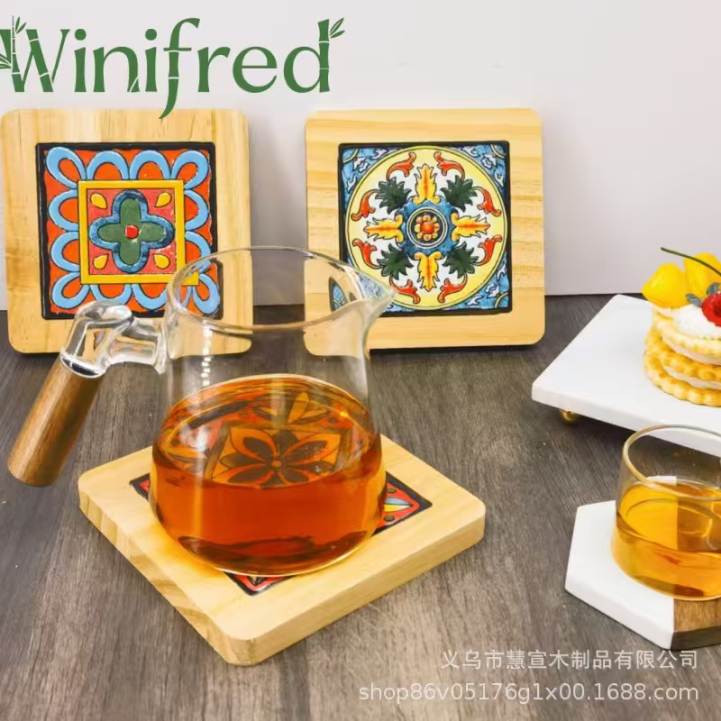 彩色瓷砖装饰木制杯垫配玻璃茶杯套装