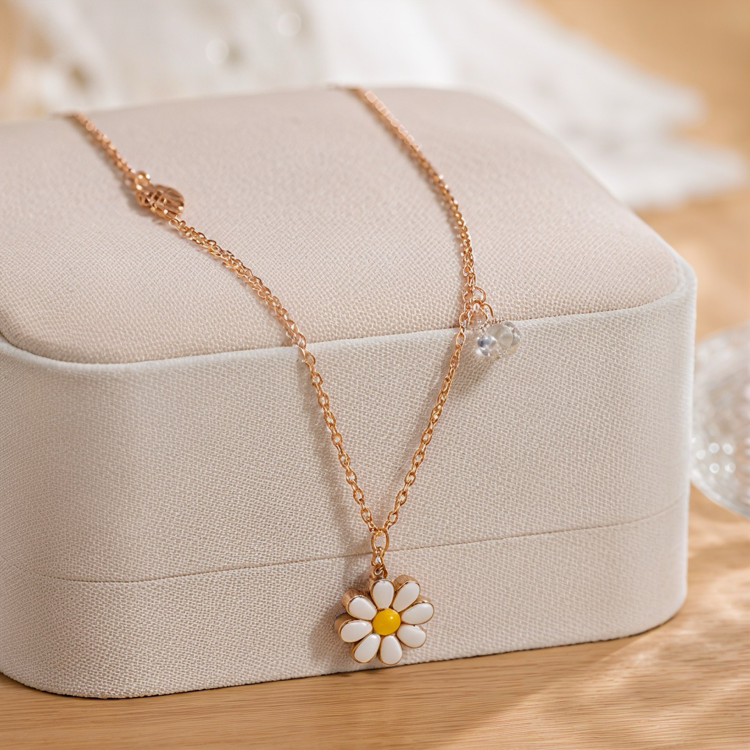 Korean-style enamel Daisy rose gold collarbone chain with hollowed-out leaves and small diamonds creative jewelry. A versatile and niche luxury gift necklace for fair-haired girls in spring and summer Application Scenario