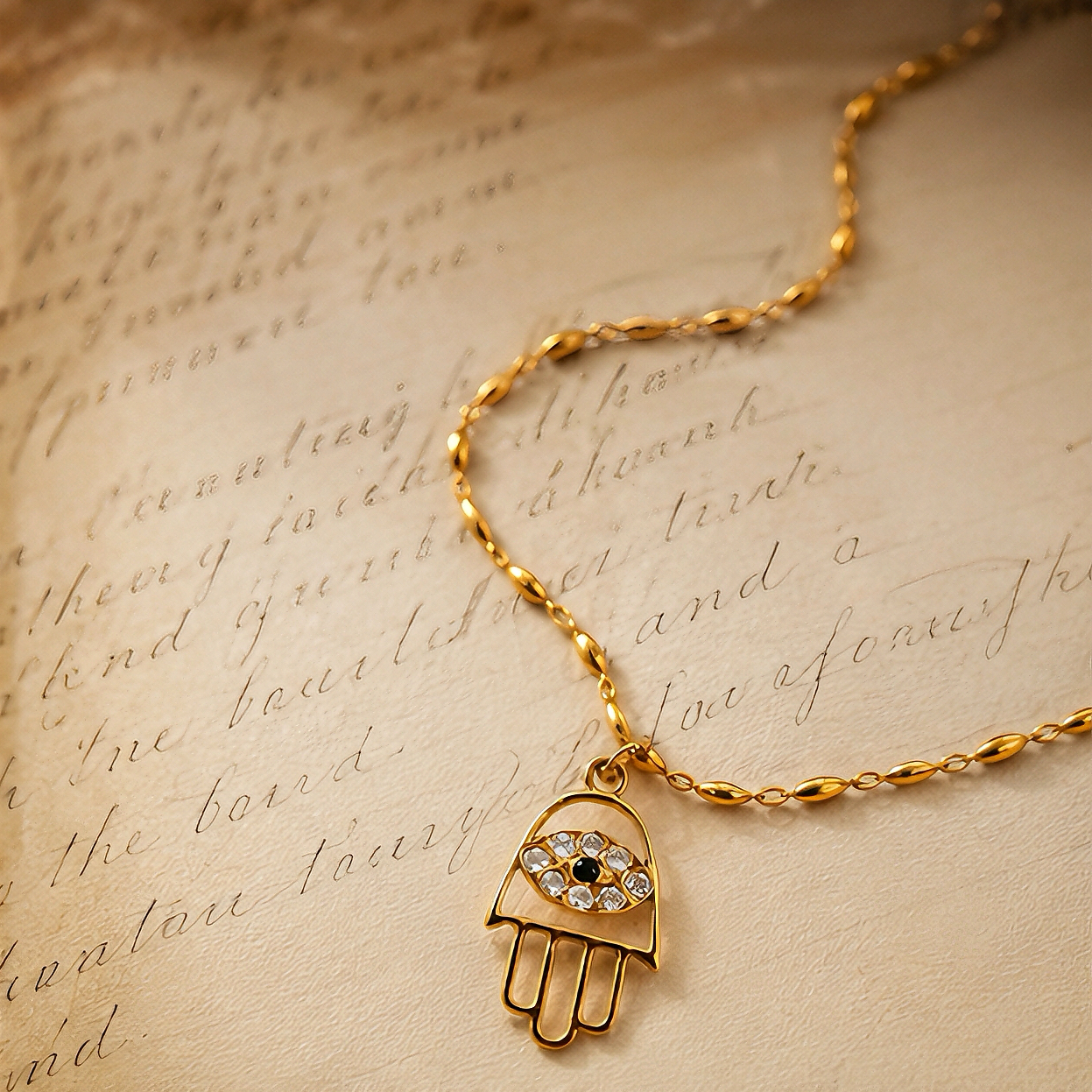 French retro Fatima Hand Devil Eye necklace, light luxury diamond-encrusted pendant, versatile rice grain chain, commuting niche collarbone chain, anti-color fading stainless steel color retention accessory details Picture