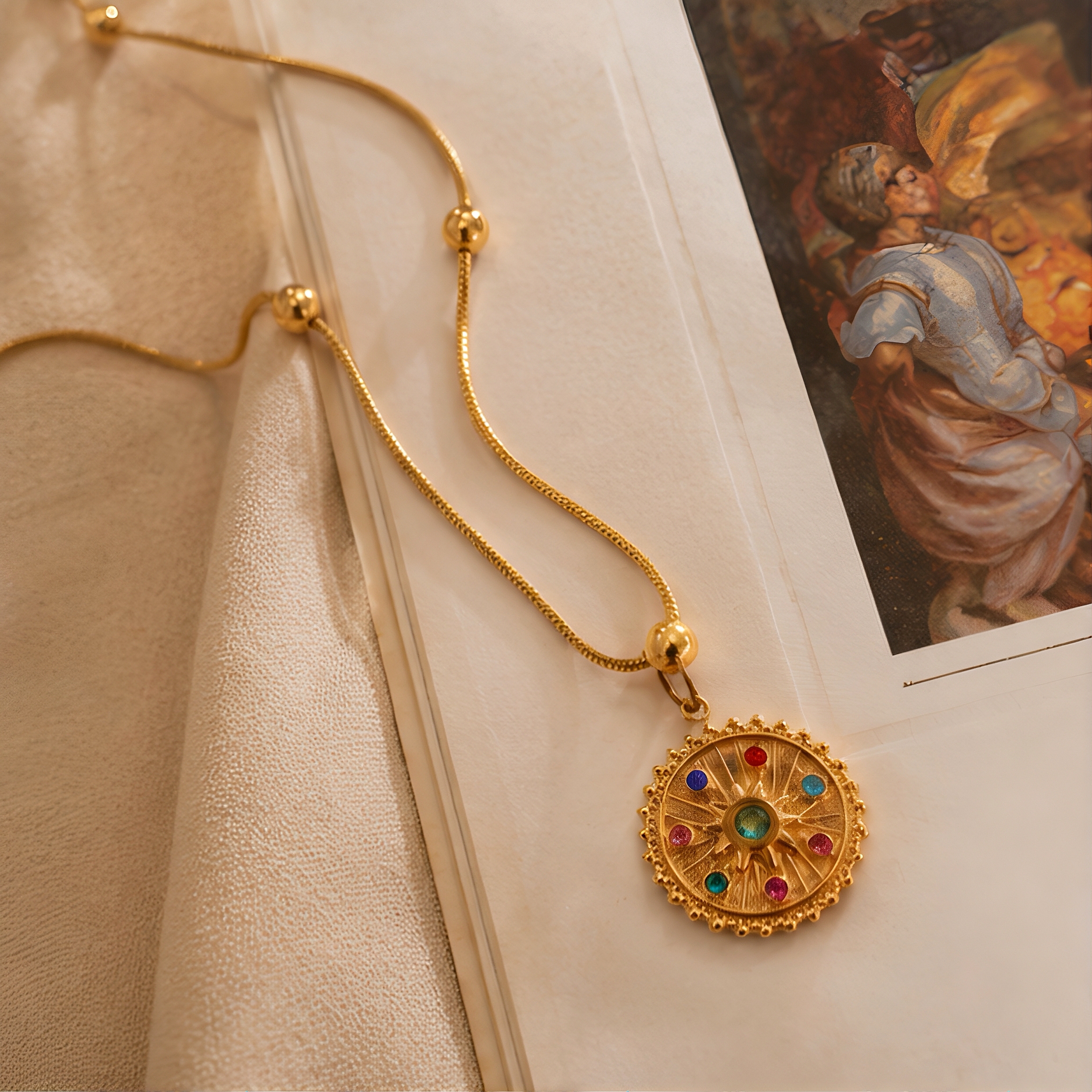 Light luxury retro seven-color sun pattern colored gemstone round plate necklace, small gold beads snake bone fine chain, niche ins exotic compass pendant, versatile and non-fading, ladies' gift collarbone chain details Picture