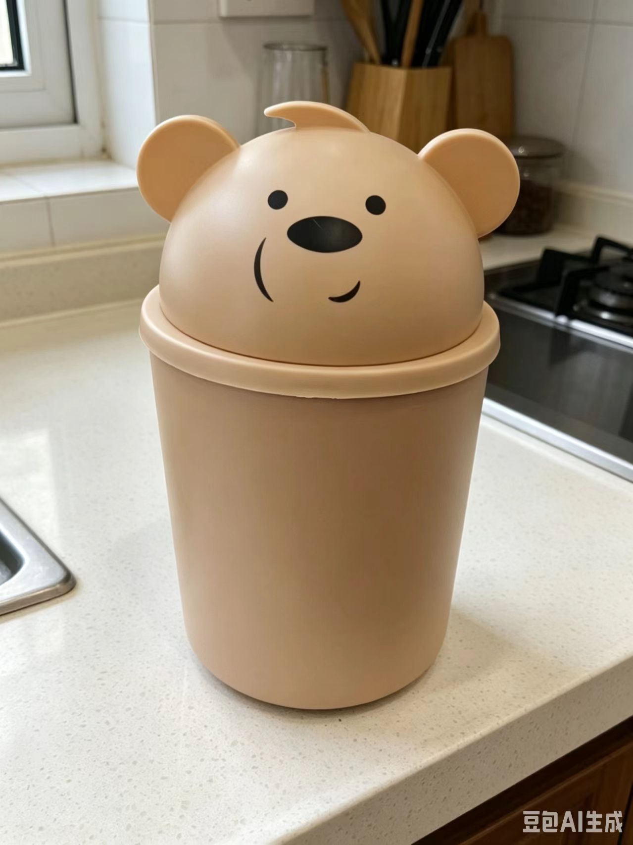 Beige bear-shaped desktop trash can, transparent and customizable, large-capacity household details Picture