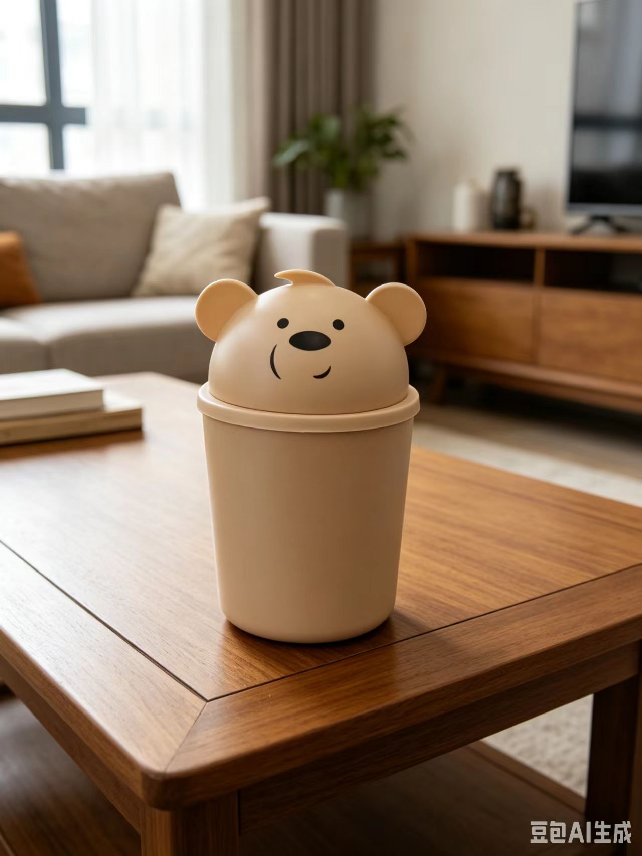 Beige bear-shaped desktop trash can, transparent and customizable, large-capacity household Item Picture