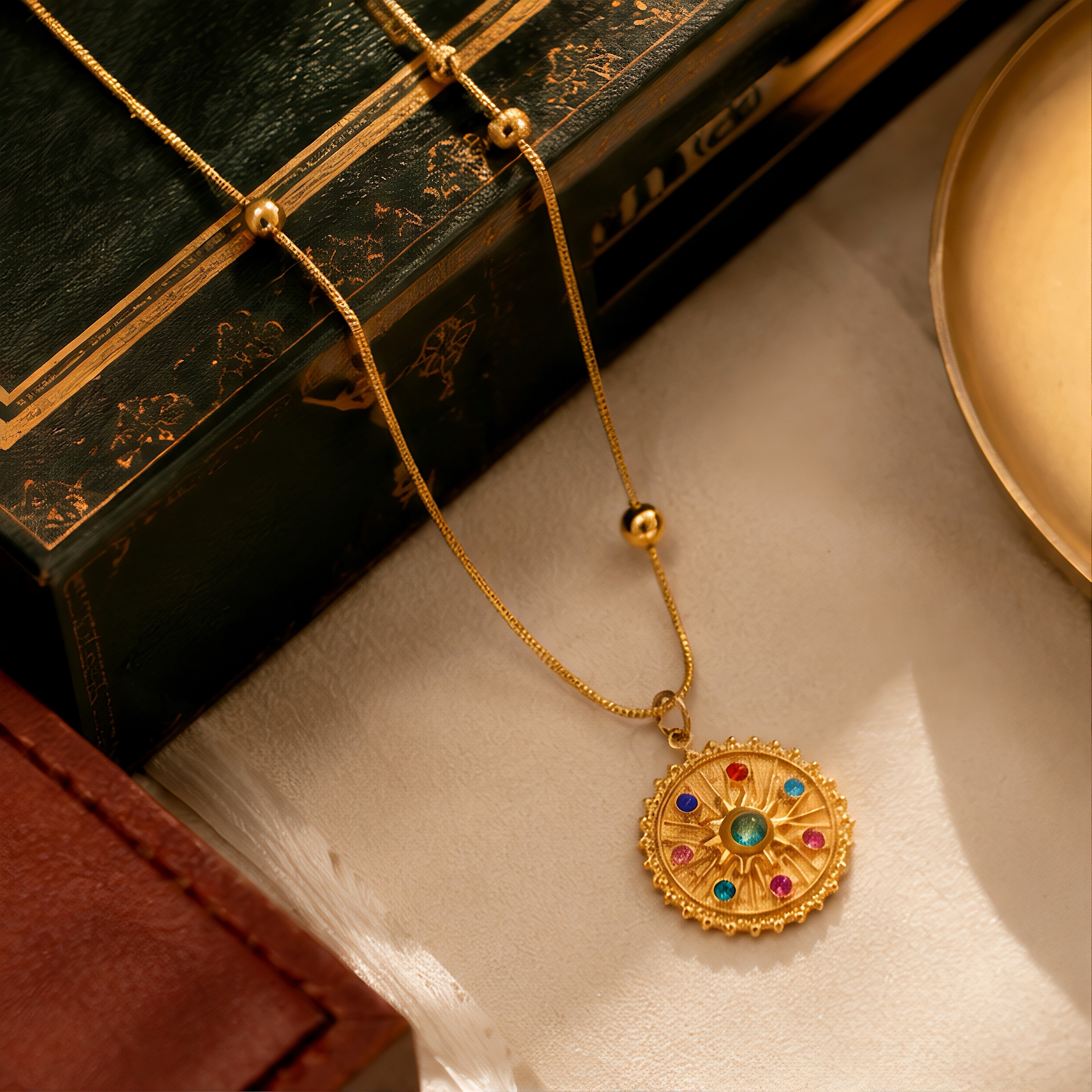 Light luxury retro seven-color sun pattern colored gemstone round plate necklace, small gold beads snake bone fine chain, niche ins exotic compass pendant, versatile and non-fading, ladies' gift collarbone chain Specification image