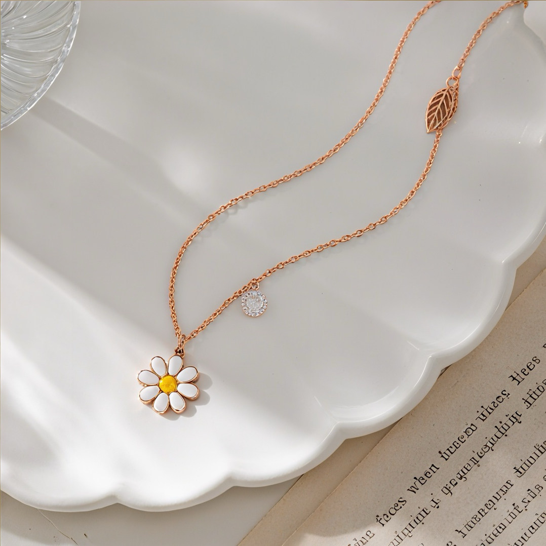 Korean-style enamel Daisy rose gold collarbone chain with hollowed-out leaves and small diamonds creative jewelry. A versatile and niche luxury gift necklace for fair-haired girls in spring and summer details Picture