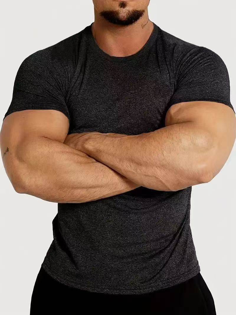 Cross-border men's fitness quick-drying short-sleeved T-shirt, round-neck slimming elastic sports casual solid color breathable training top Application Scenario