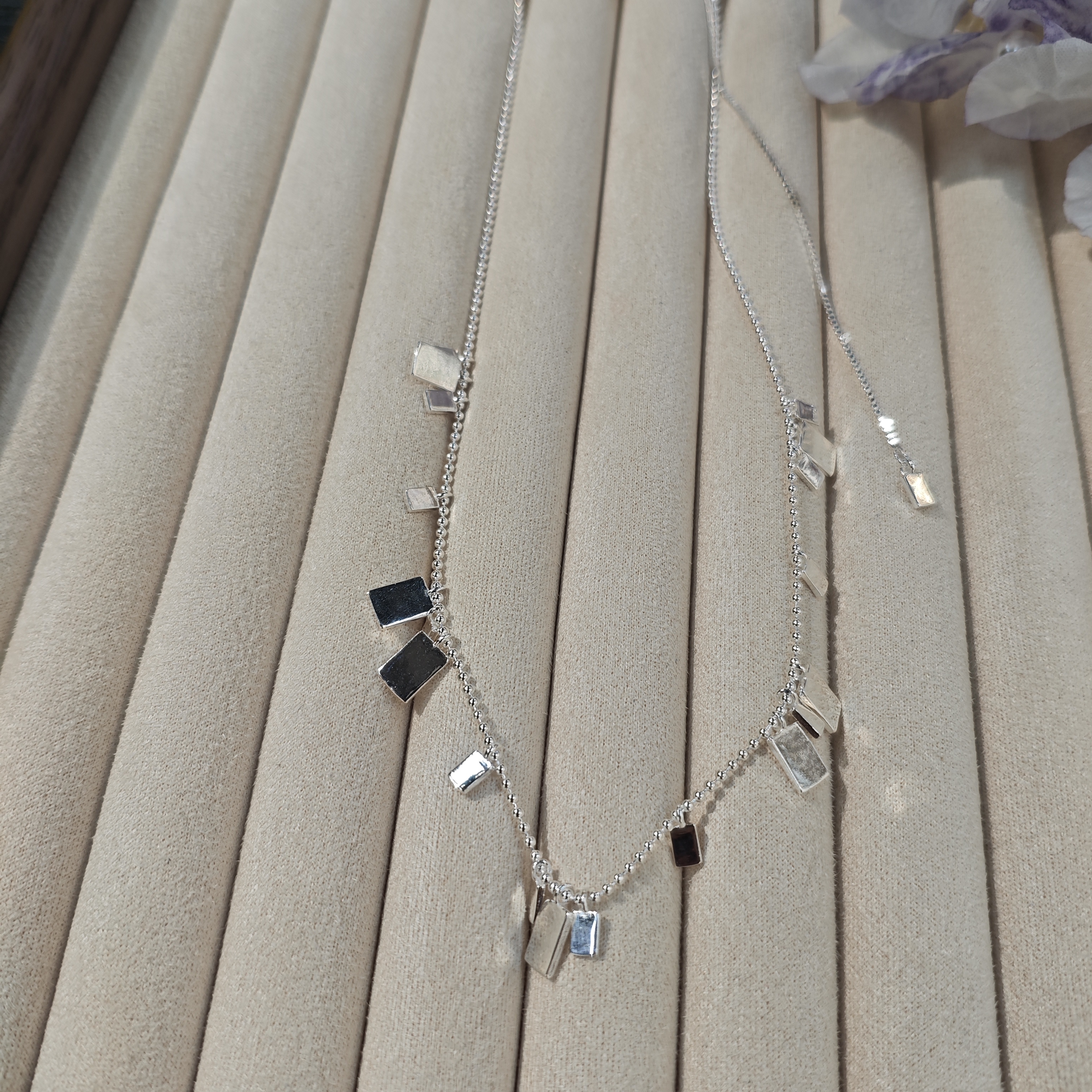 Influential new accessory, S925 silver light Luxury elegant beaded chain long square piece silver necklace details Picture
