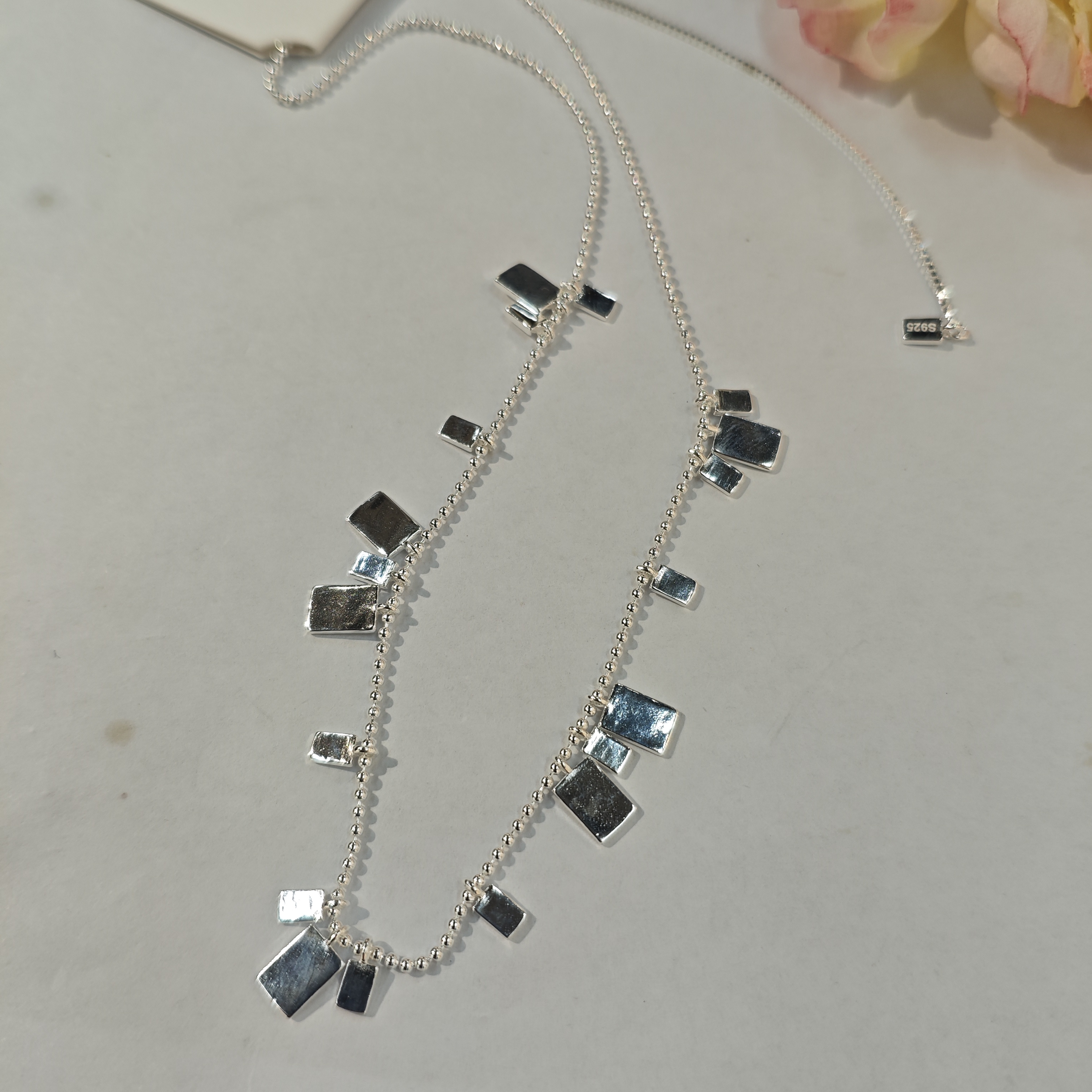 Influential new accessory, S925 silver light Luxury elegant beaded chain long square piece silver necklace Item Picture