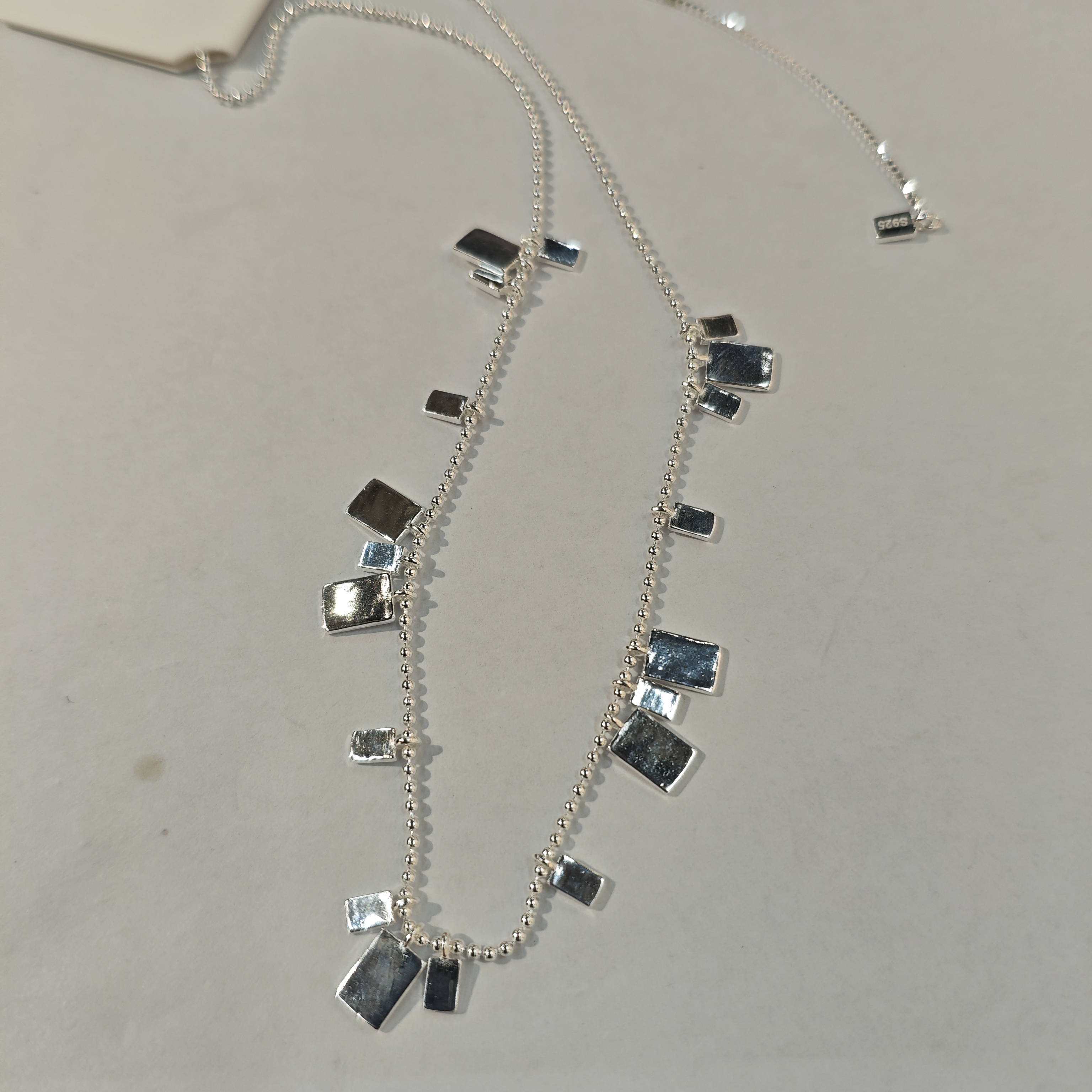 Influential new accessory, S925 silver light Luxury elegant beaded chain long square piece silver necklace Application Scenario