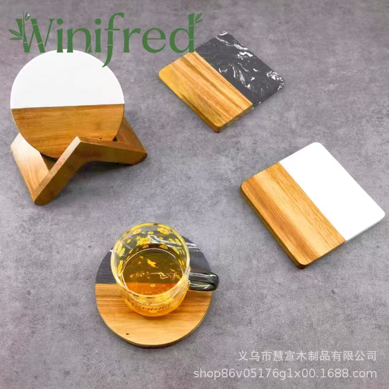北欧风不规则大理石相思木拼接杯垫 圆形方形茶杯垫 工厂直销