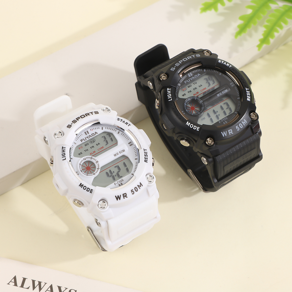 Fuyada 50-meter water-resistant electronic watch, multi-functional luminous alarm clock chronograph, outdoor swimming sports watch for boys and girls, shockproof and wear-resistant, simple digital wristwatch, trendy and versatile electronic watch for teenagers details Picture