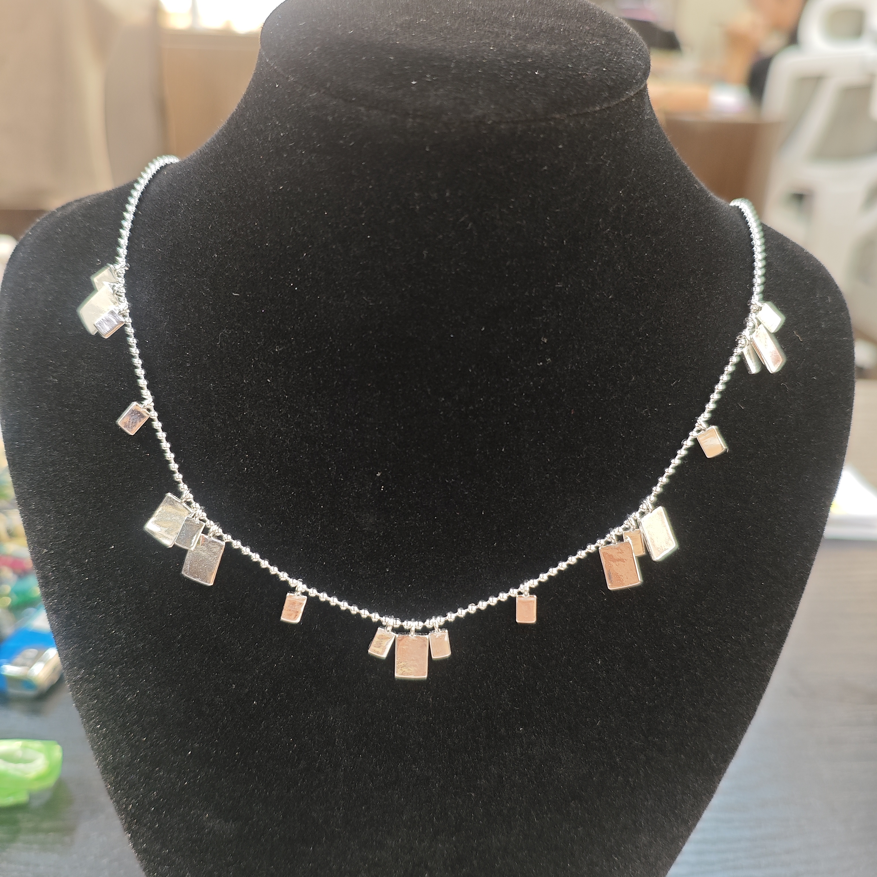 Influential new accessory, S925 silver light Luxury elegant beaded chain long square piece silver necklace