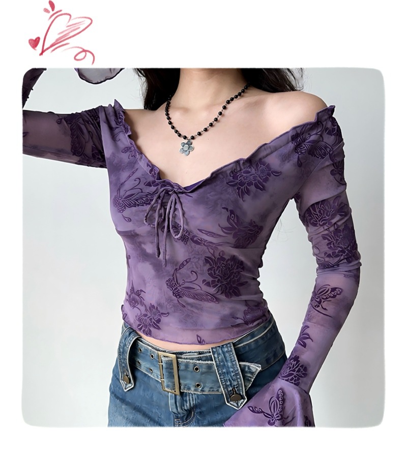 A mature and sexy European and American style T-shirt with a black ear-trimmed tie and velvet fabric. It features a slender purple top with flared sleeves and long sleeves with lace Item Picture