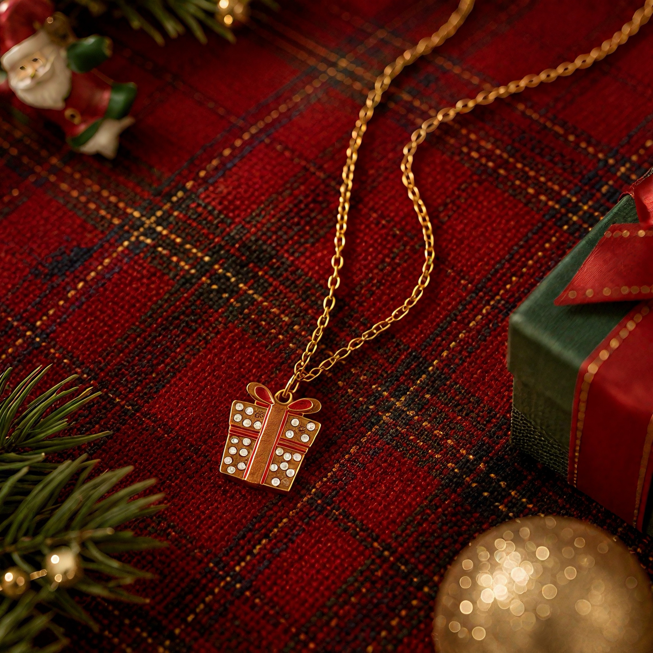 Red and white polka dot gift box oil-dripping pendant, Christmas-themed healing accessory, holiday commemoration, niche stainless steel collarbone chain, daily outfit atmosphere decoration jewelry Application Scenario