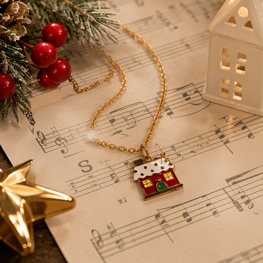 Christmas snow-capped red house oil-dripping pendant, winter fairy tale style ins cute accessory, stainless steel color retention, daily niche outfit decoration, collarbone jewelry details Picture