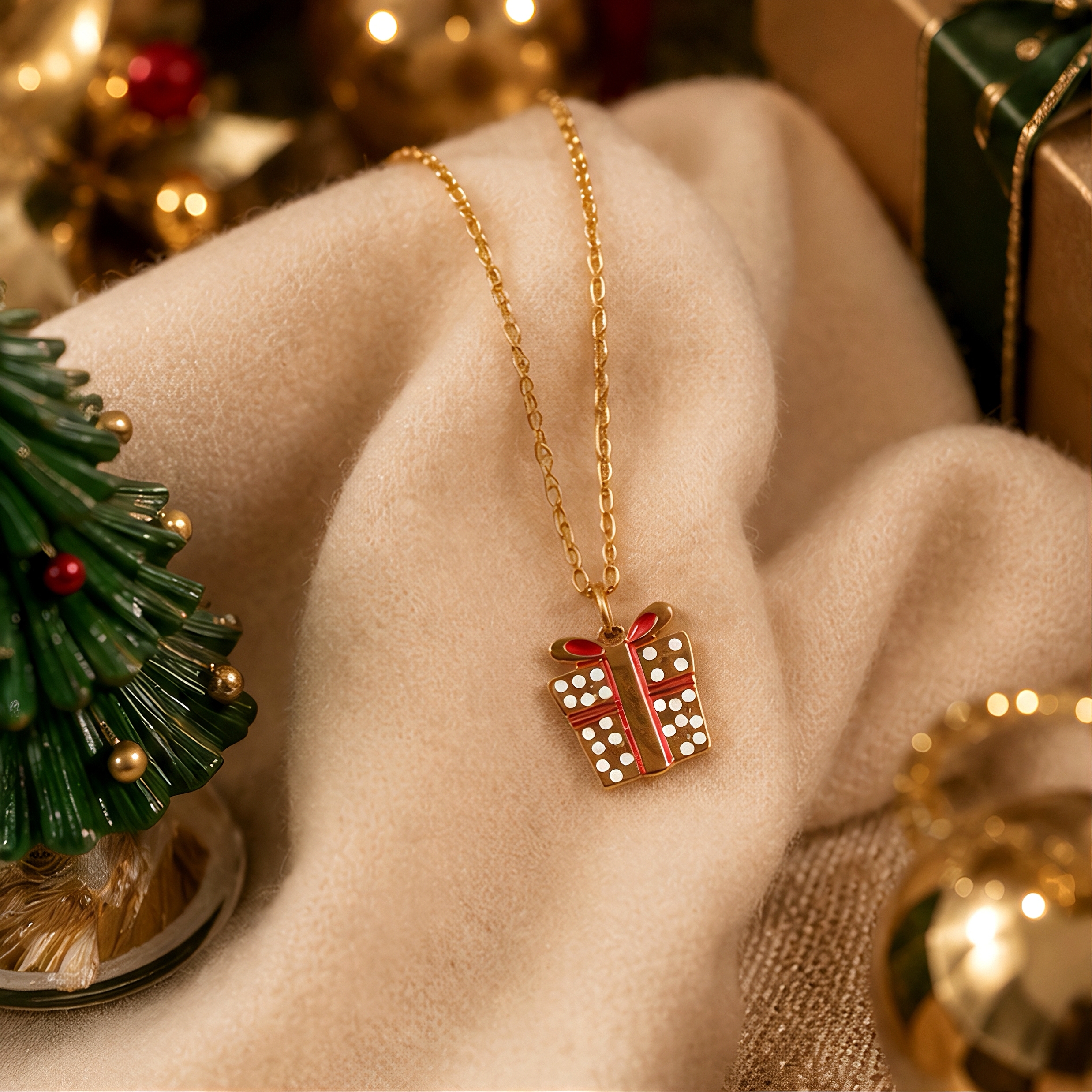 Red and white polka dot gift box oil-dripping pendant, Christmas-themed healing accessory, holiday commemoration, niche stainless steel collarbone chain, daily outfit atmosphere decoration jewelry