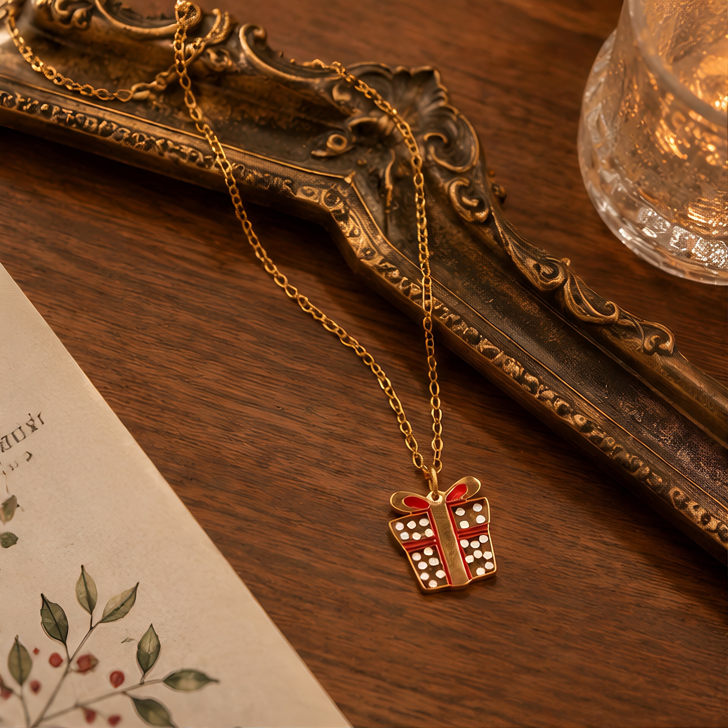 Red and white polka dot gift box oil-dripping pendant, Christmas-themed healing accessory, holiday commemoration, niche stainless steel collarbone chain, daily outfit atmosphere decoration jewelry details Picture