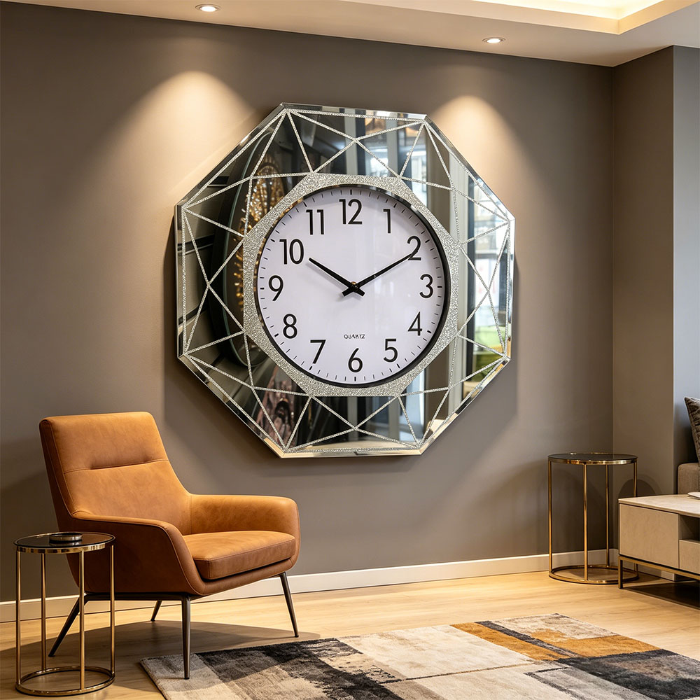 The thin and light glass dial wall clock, silent countdown machine, silver, simple and elegant, Nordic style home art, Xin Yi glass wall clock Application Scenario