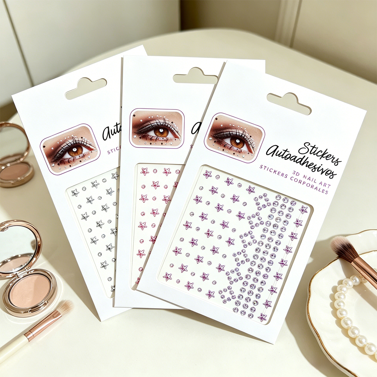 Five-pointed star dazzling round diamond facial diamond stickers, stage makeup eye makeup Bright diamond stickers, music festival party glue-free facial nail art decorative stickers Specification image