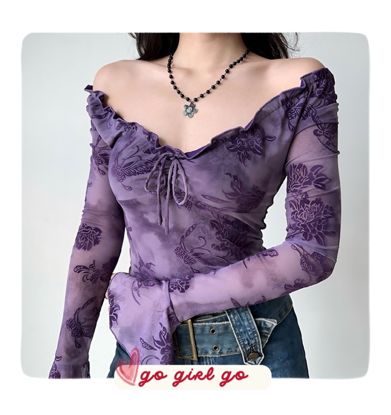 A mature and sexy European and American style T-shirt with a black ear-trimmed tie and velvet fabric. It features a slender purple top with flared sleeves and long sleeves with lace