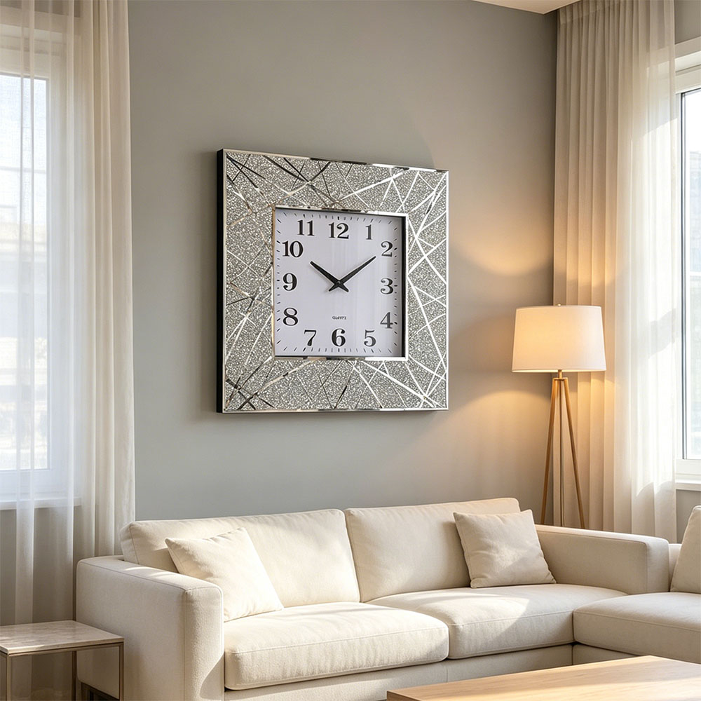 Silver diamond-encrusted artistic glass wall clock, art glass wall clock for home entrance, bedroom, hall and study, silver Nordic-style silent countdown machine details Picture