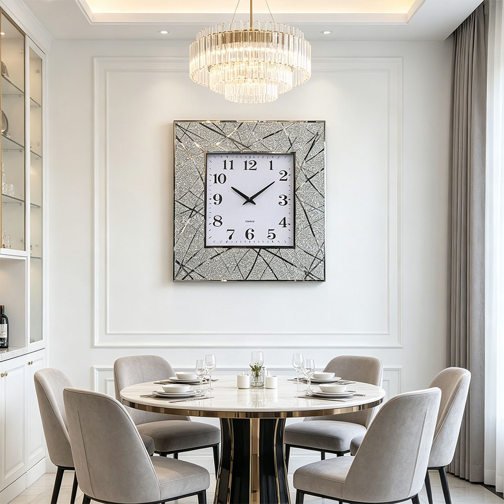 Silver diamond-encrusted artistic glass wall clock, art glass wall clock for home entrance, bedroom, hall and study, silver Nordic-style silent countdown machine Item Picture