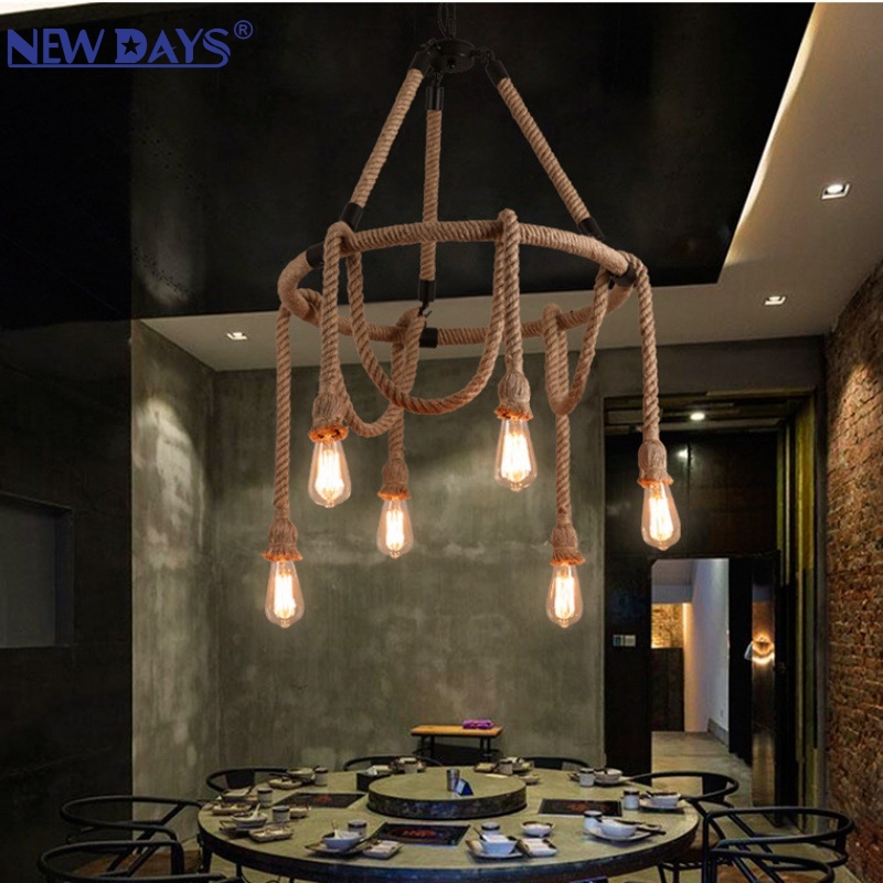 NEWDAYS brand's cross-border new led retro industrial style hemp rope pendant lamp, ironwork hood bar table lamp, 6-head hemp rope decorative lighting ambient lamp pendant lamp Application Scenario