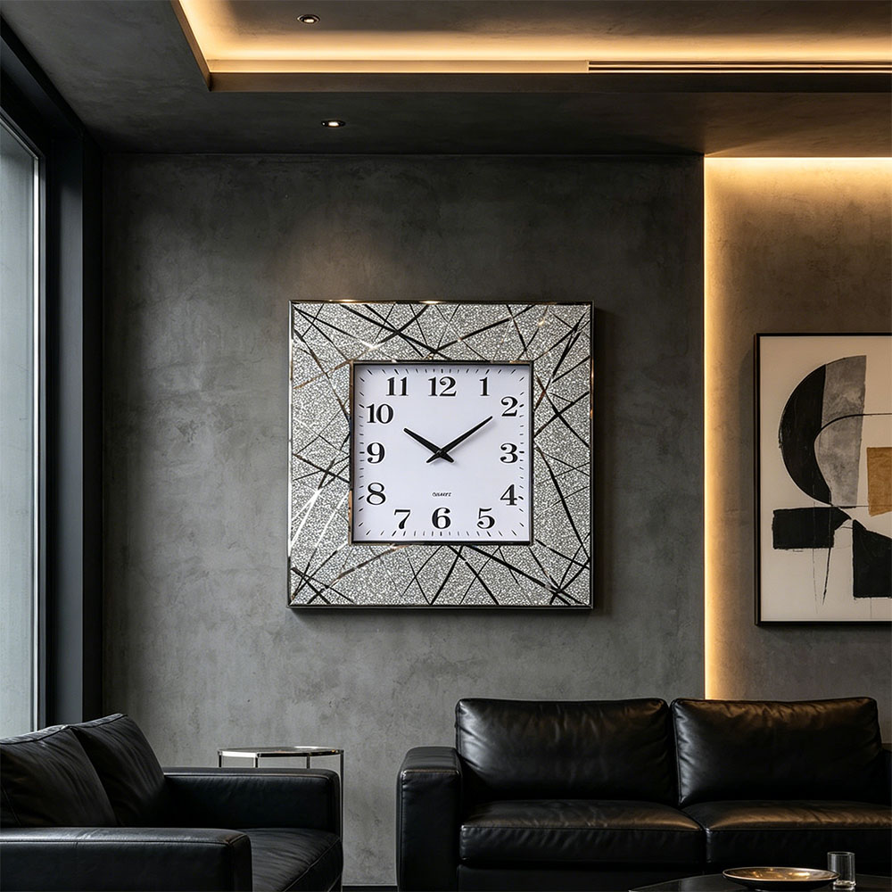 Silver diamond-encrusted artistic glass wall clock, art glass wall clock for home entrance, bedroom, hall and study, silver Nordic-style silent countdown machine Specification image