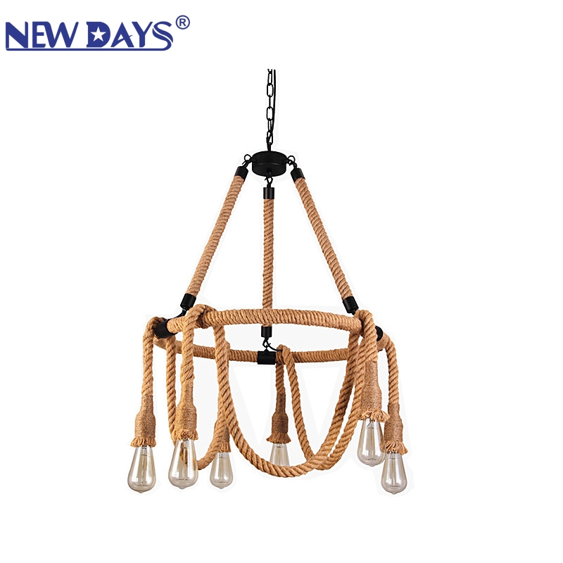 NEWDAYS brand's cross-border new led retro industrial style hemp rope pendant lamp, ironwork hood bar table lamp, 6-head hemp rope decorative lighting ambient lamp pendant lamp
