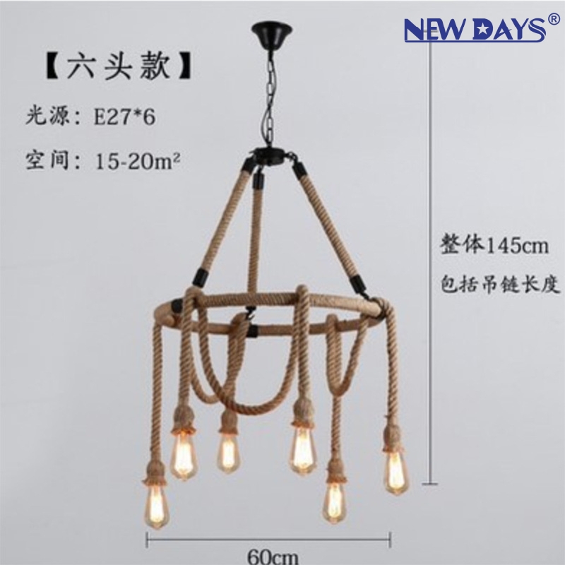 NEWDAYS brand's cross-border new led retro industrial style hemp rope pendant lamp, ironwork hood bar table lamp, 6-head hemp rope decorative lighting ambient lamp pendant lamp details Picture