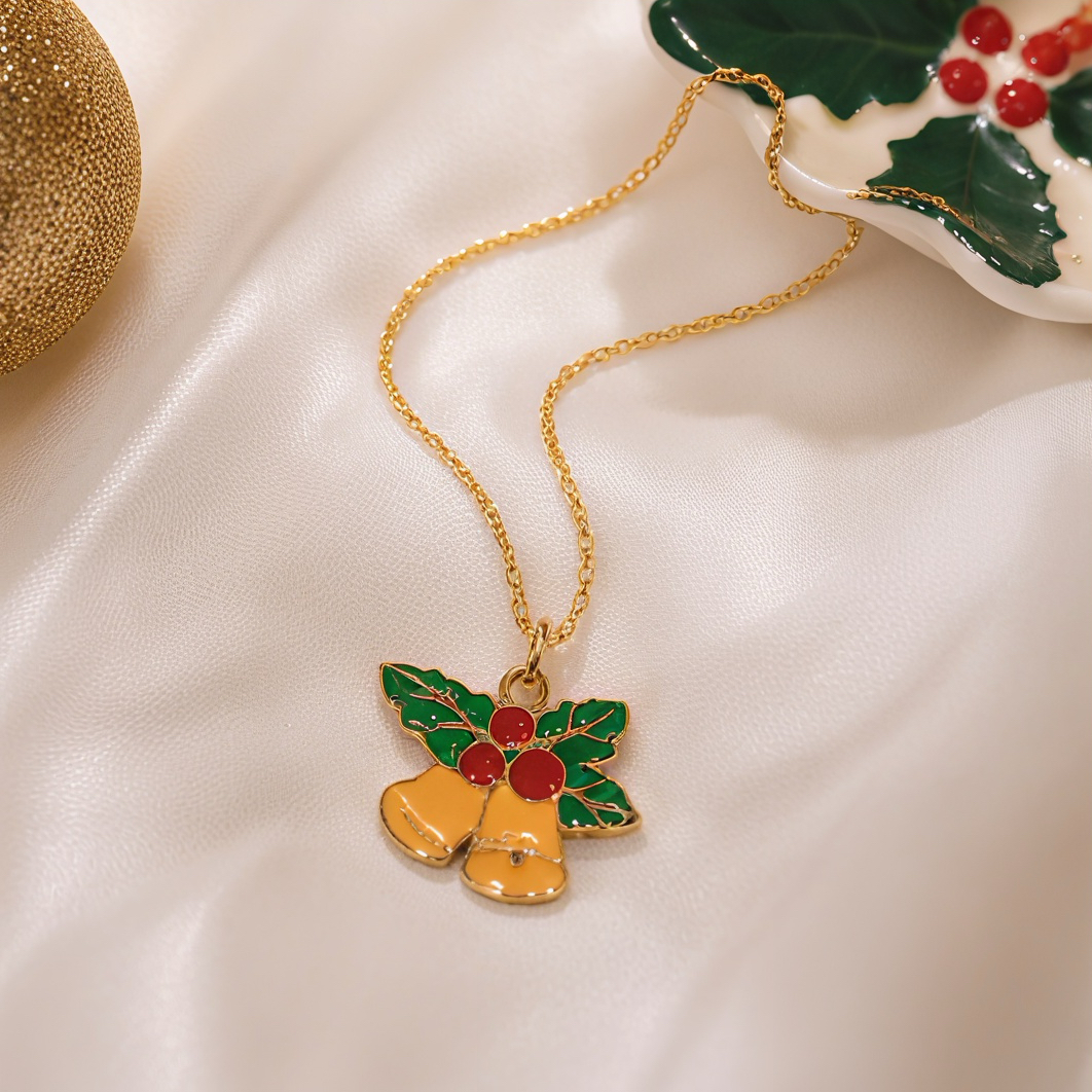 Holly double bell oil-dripping pendant, fine gold bead chain, Christmas fresh and fun accessory, stainless steel, not easy to fade, autumn and winter inner layer, niche decoration collarbone necklace details Picture