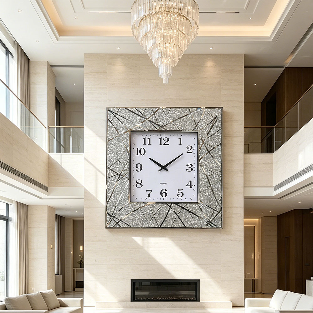 Silver diamond-encrusted artistic glass wall clock, art glass wall clock for home entrance, bedroom, hall and study, silver Nordic-style silent countdown machine Application Scenario