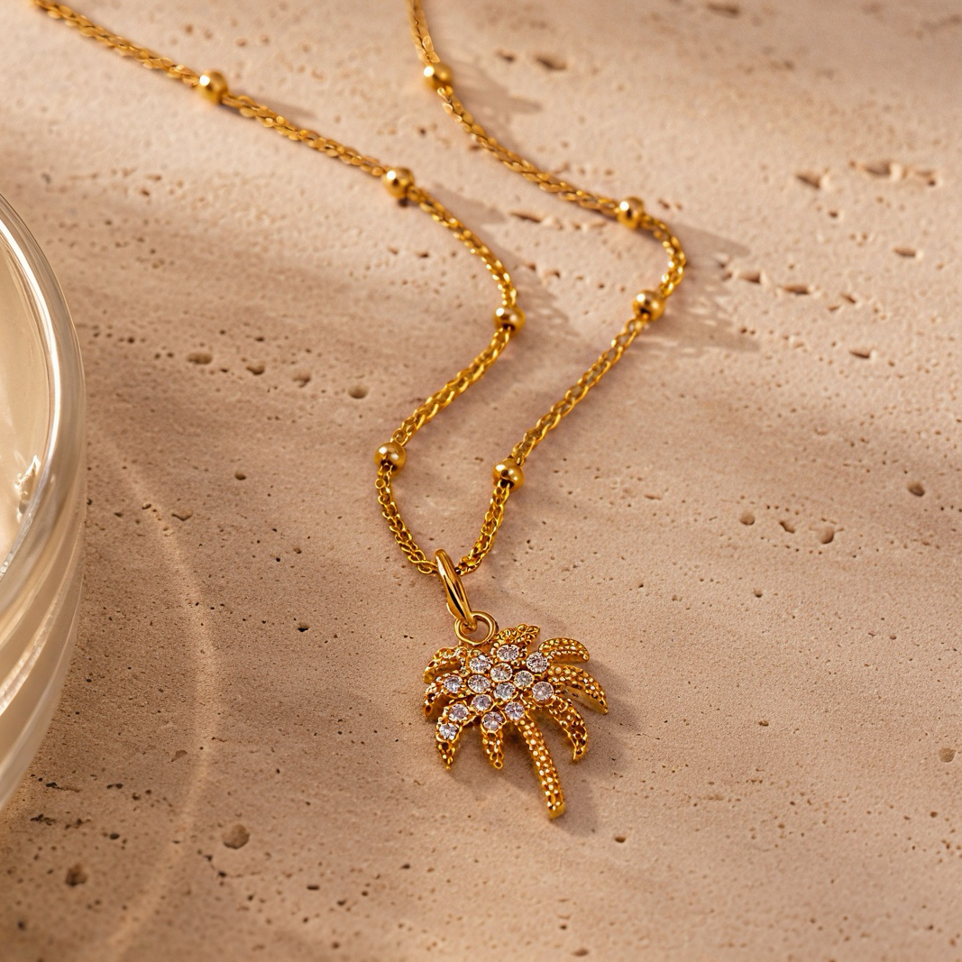 Full diamond palm tree golden pendant necklace, vacation style, niche stainless steel accessory, refreshing summer, versatile for seaside outfits, collarbone jewelry details Picture